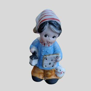 Vintage 1980 MWC Porcelain Christmas Caroler Bell Figurine Boy Lantern Cat